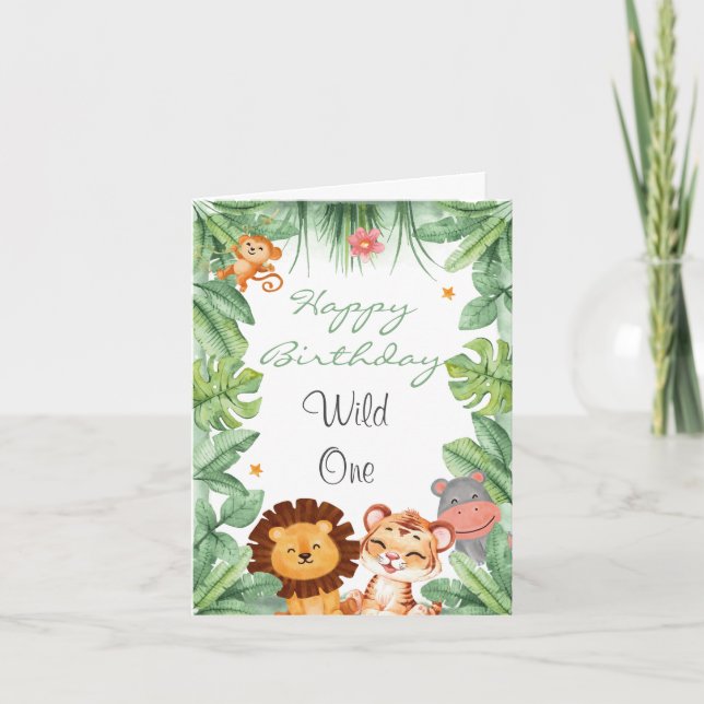 Vild ett Jungle Animals Tropical Boy Birthday Tack Kort (Framsida)