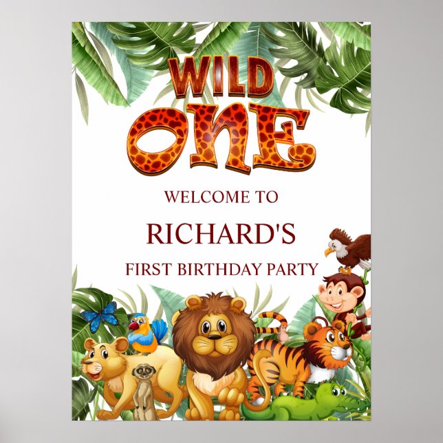 Vild Ett jungle Safari Animal Birthday Välkommen Poster (Framsidan)