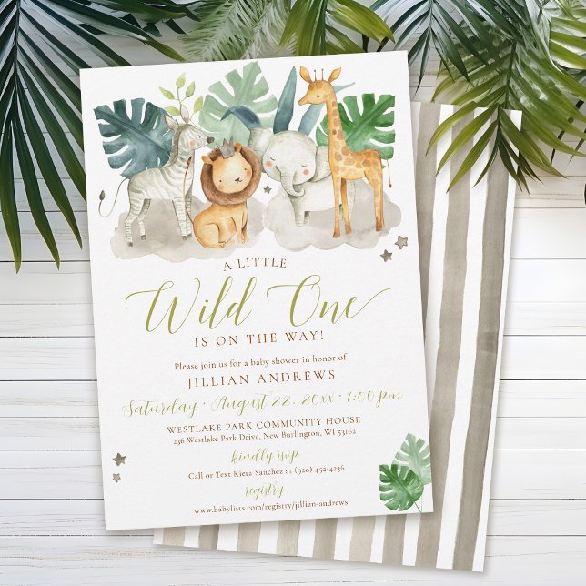 Vild Ett jungle Safari Animals Boy Shower Inbjudningar (Cute Wild One watercolor jungle safari zoo animals lion crown zebra giraffe elephant boy baby shower)