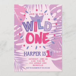 Vild ett jungle Theme Girl First Birthday Inbjudningar