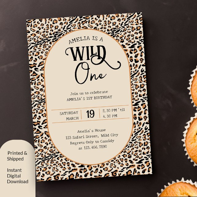 Vild ett leopard Skriv ut Neutralt 1:a födelsedag Inbjudningar (Wild One 1st Birthday Invitation with leopard print)
