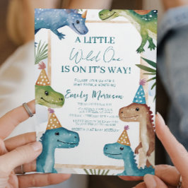 Vild ett och dinosaurier och babyskor inbjudningar