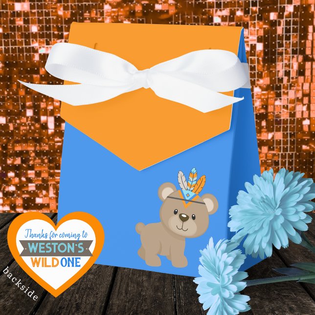 Vild Ett örnblått och Orange Behandla favoritrutor Presentaskar (Wild One Woodland Bear Royal Blue & Orange Treat Favor Boxes with Personalized Backside)
