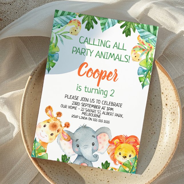 Vild Ett Party-djur - inbjudan till djuret Safari- (Safari Themed Birthday Invitation Boy, Wild One, Calling All Party Animals, Cute Jungle Animals )