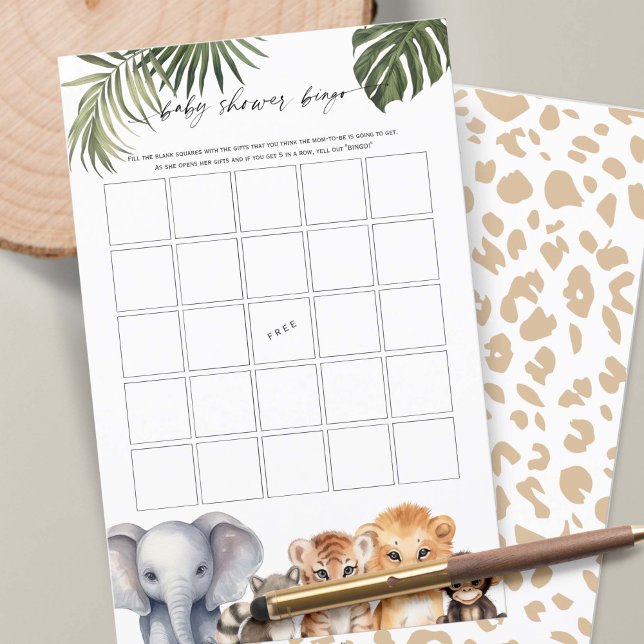 Vild ett Pojke Shower Bingo Safari Animals (Baby Boy Shower BINGO game, Wild One Safari Animals Themed Baby Shower.)