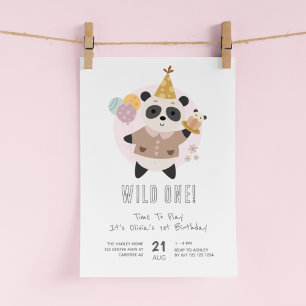 Vild Ett pute Panda Bear 1:a födelsedag Inbjudningar