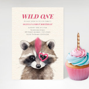 Vild Ett Rosa Mohawk Raccoon 1:a födelsedagen Part Inbjudningar