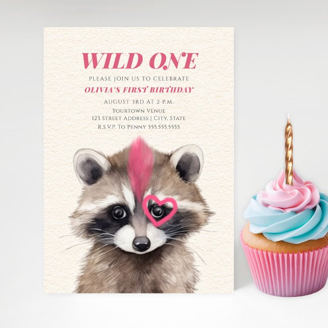 Vild Ett Rosa Mohawk Raccoon 1:a födelsedagen Part Inbjudningar (Skapare uppladdad)