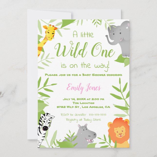 Vild ett Safari Animals Baby Shower Girl Inbjudningar (Framsida)