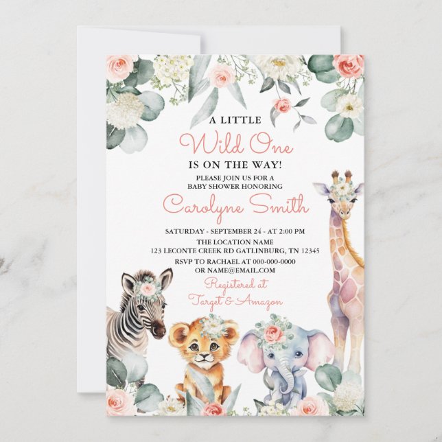 Vild ett Safari Animals Greenery Baby Shower Girl Inbjudningar (Framsida)