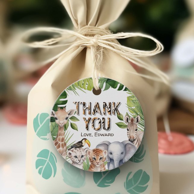 Vild ett, Safari Animals Thame Boy 1st Birthday Gåvor Etiketter (Jungle animals birthday thank you favor tags)