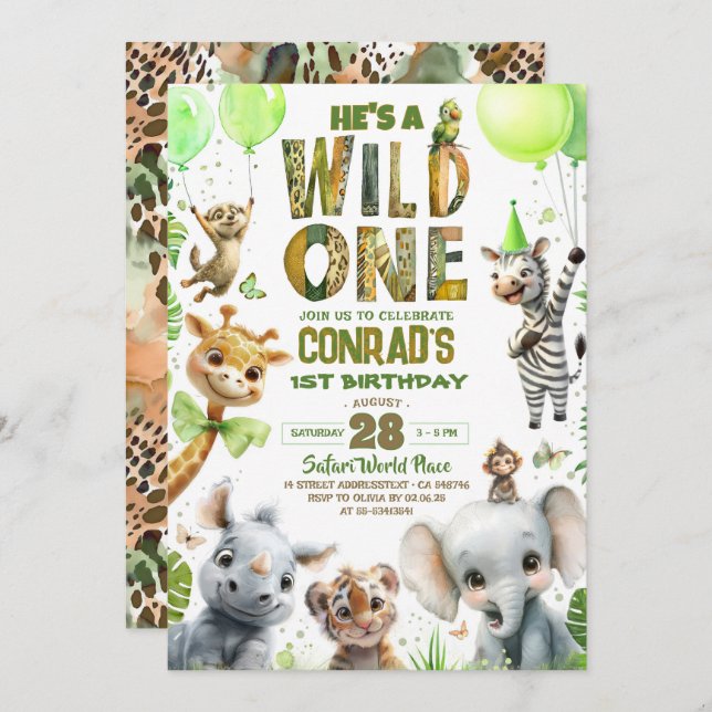 Vild ett Safari-djur 1:a födelsedagsinbjudan Inbjudningar (Fram/baksida)