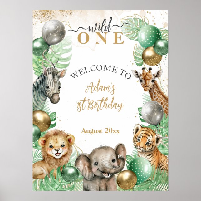 Vild Ett Safari-djur Balloon Baby 1:a födelsedagen Poster (Framsidan)
