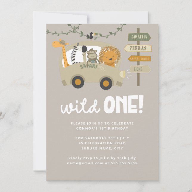 Vild ett Safari-djur första födelsedagsinbjudan Inbjudningar (Framsida)