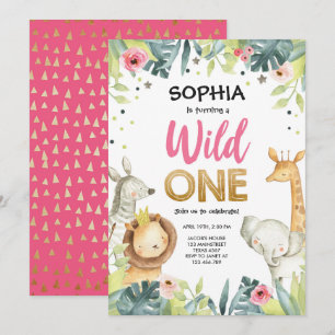 Vild Ett Safari Guld Girl Rosa Animals födelsedag Inbjudningar