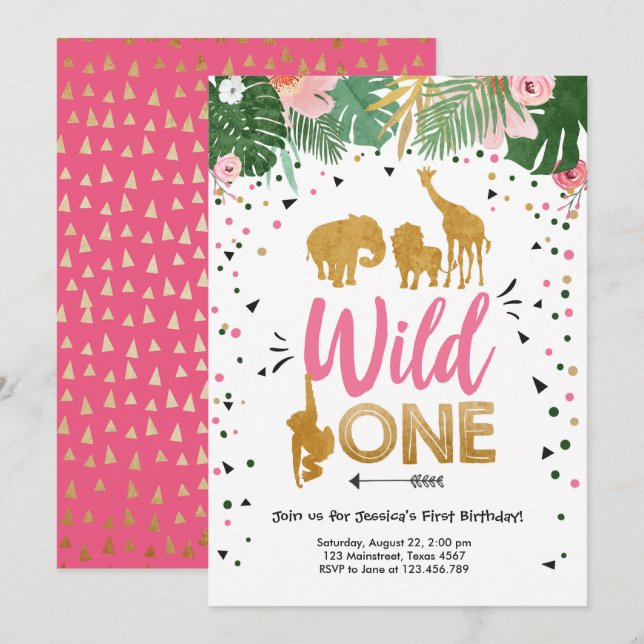 Vild Ett Safari Guld Girl Rosa Animals födelsedag Inbjudningar (Fram/baksida)