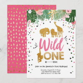 Vild Ett Safari Guld Girl Rosa Animals födelsedag Inbjudningar