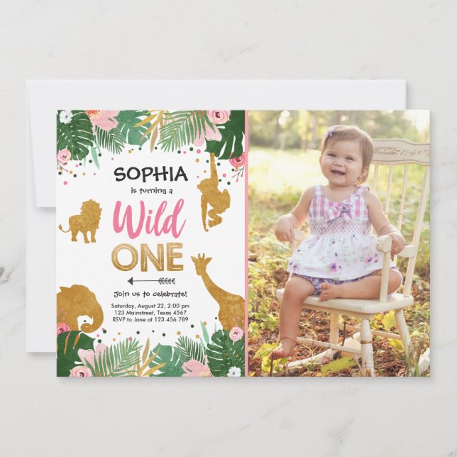 Vild Ett Safari Guld Girl Rosa Animals födelsedag Inbjudningar (Framsida)