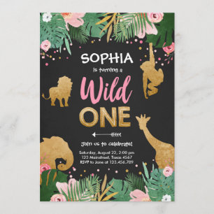 Vild Ett Safari Guld Girl Rosa Animals födelsedag Inbjudningar