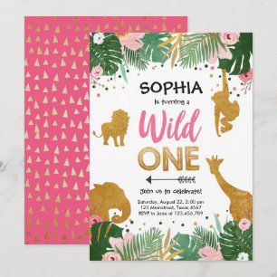 Vild Ett Safari Guld Girl Rosa Animals födelsedag Inbjudningar