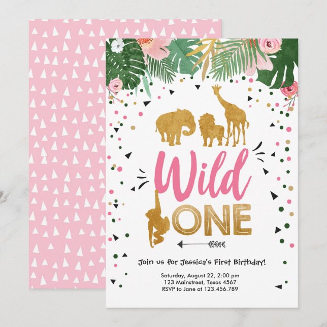 Vild Ett Safari Guld Girl Rosa Animals födelsedag Inbjudningar (Fram/baksida)