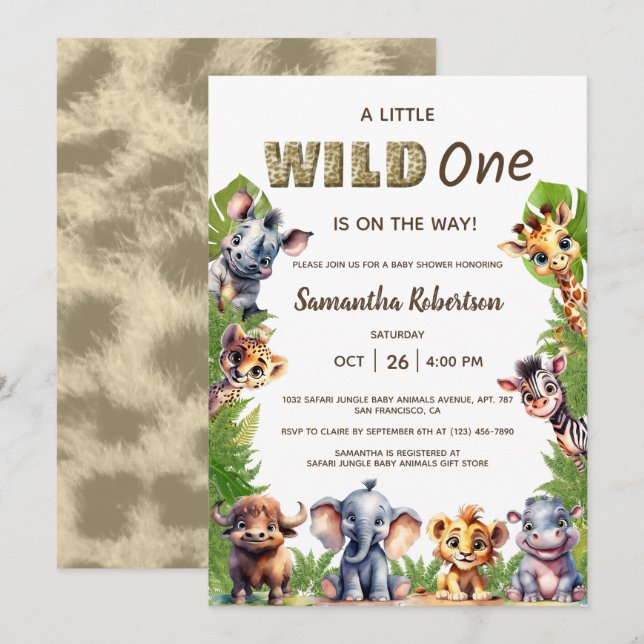 Vild ett Safari Jungle Animals Baby Shower Inbjudningar (Fram/baksida)
