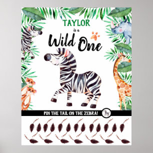 Vild ett spel Safari Animal Zebra 1:a födelsedagen Poster