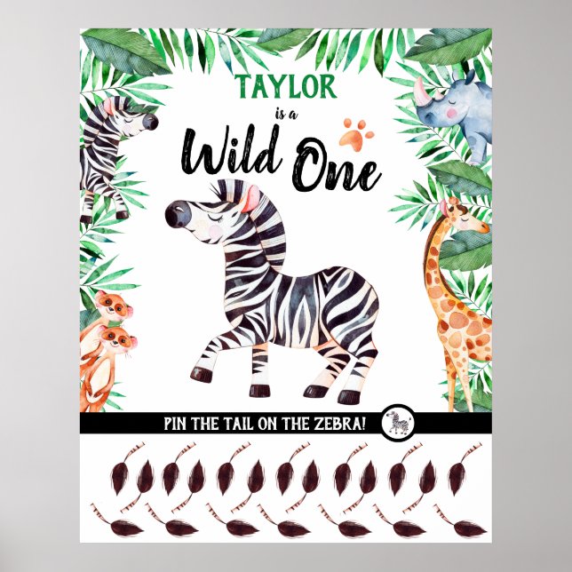 Vild ett spel Safari Animal Zebra 1:a födelsedagen Poster (Framsidan)