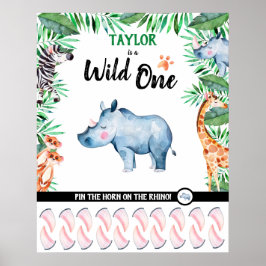 Vild ett spel Safari Rhino 1:a födelsedagsjungle Poster