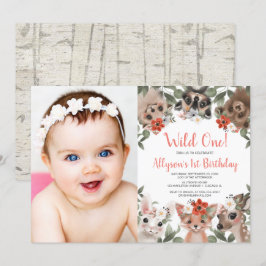Vild Ett trädjur flickor 1:a födelsedag foto Inbjudningar