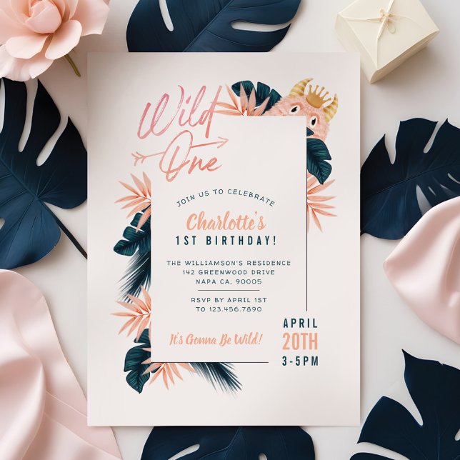 Vild Ett Tropiskt jungle-Rosa, måndag Inbjudningar (Wild One Tropical Jungle Pink Monster Birthday Invitation)