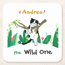 Vild ett Tuxedo Kattunge-barn, första födelsedagsi Underlägg Papper Kvadrat