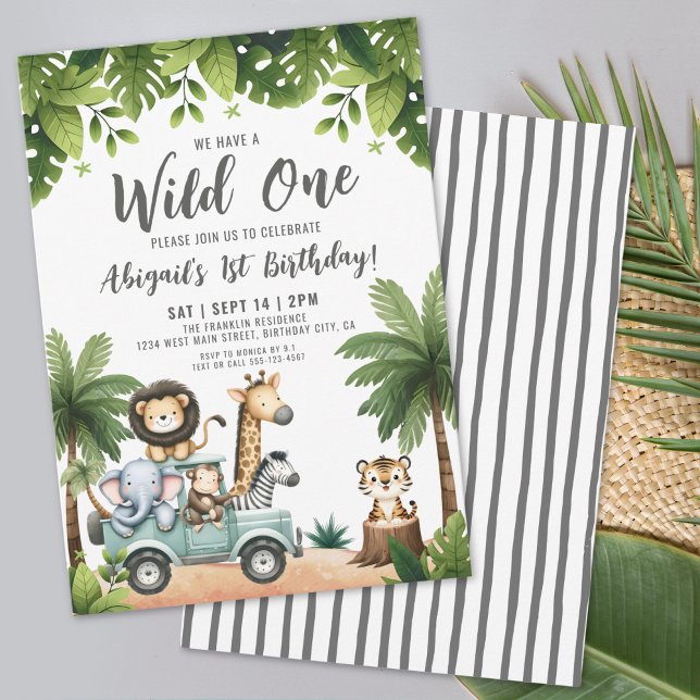 Vild Ett ungle Animals Safari 1:a födelsedagen Par Inbjudningar (Wild One Jungle Safari 1st Birthday Party Invitation)