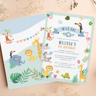 Vild Ett ungle Safari Animals 1:a födelsedag Party Inbjudningar