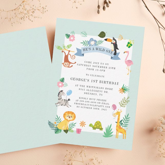 Vild Ett ungle Safari-djur 1:a födelsedagen Anteckningskort (Wild One Jungle Safari Animals 1st Birthday Note Card)