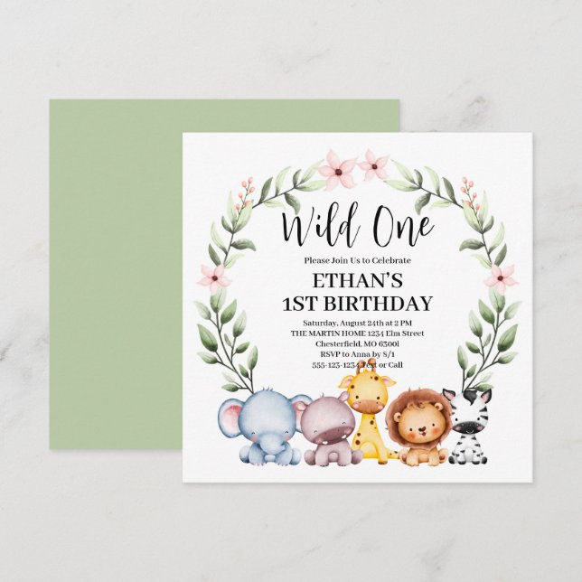 Vild Ett ungle Safari-djur 1:a födelsedagen Inbjudningar (Fram/baksida)