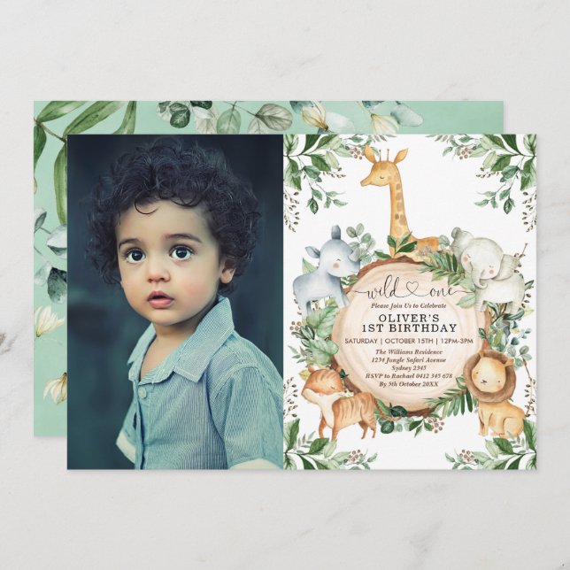 Vild Ett ungle Safari Party djur 1:a födelsedagen Inbjudningar (Fram/baksida)