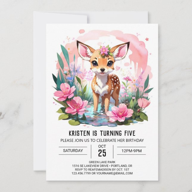 Vild ett Woodland Äventyr Girl Birthday Inbjudningar (Framsida)
