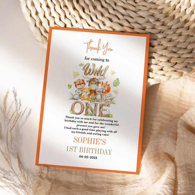 Vild etta Djur Första födelsedagsfest – Djungel Sa Tack Kort (Wild One Animal 1st Birthday Party – Jungle Safari Thank You Card)