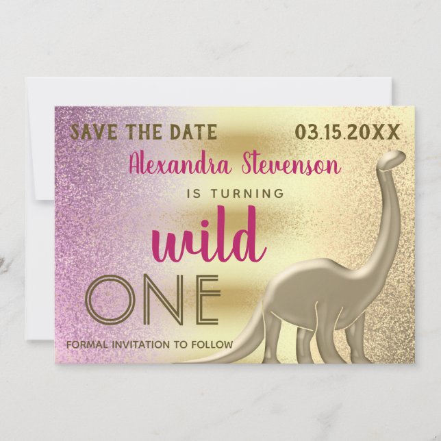 Vild Ettårs Glitter Rosa & Guld Dinosaur Spara Datumet (Framsida)