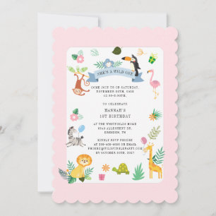 Vild Exotic Animals Girl 1st Birthday Jungle Party Inbjudningar
