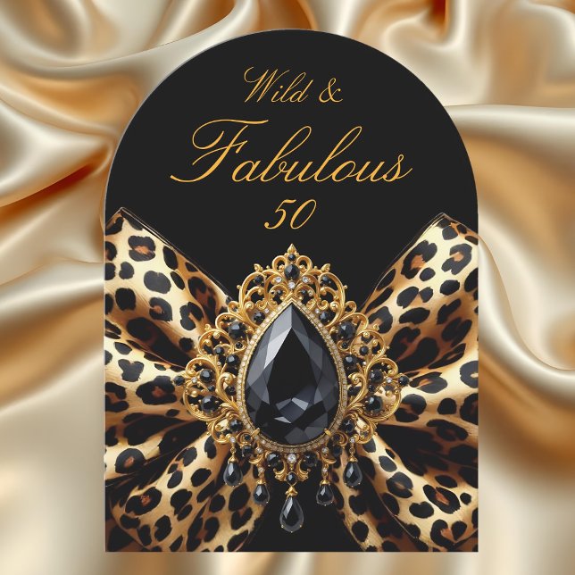 Vild Fabulous 50 Birthday Leopard Bow Black Jewel Inbjudningar (Skapare uppladdad)