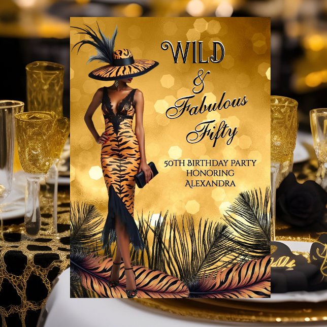 Vild Fabulous 50 Birthday Tiger Woman Guld Inbjudningar (Skapare uppladdad)