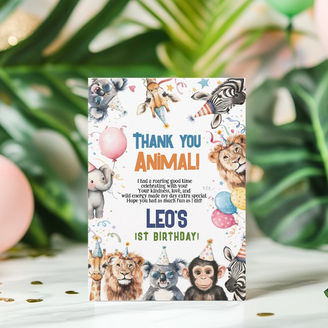 Vild Fest Anropar Alla Djur 1-års Födelsedagssafar Tack Kort (Wild Party Calling All Animals 1st Birthday Safari Thank You Card)