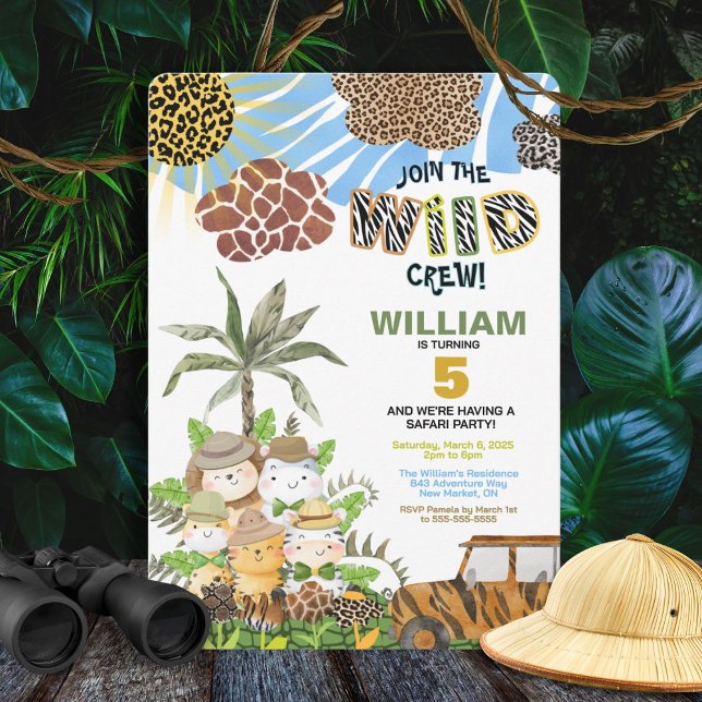 Vild fest Safari Födelsedagsinbjudan Inbjudningar (Vibrant safari-themed kids invitation with a colourful animal-inspired design.)