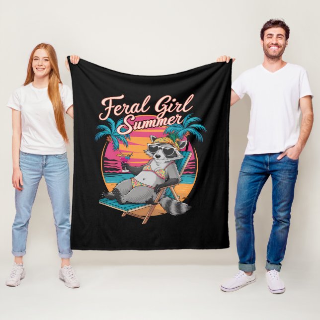 Vild flicka sommarstrand rolig tvättbjörn fleecefilt (På plats)