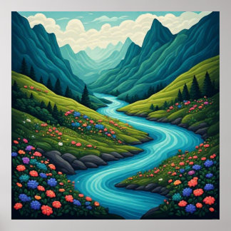 Vild floddal i juveltoner 🌊 poster