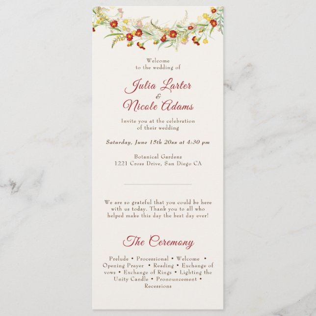 Vild Flower Gult Marigold Foliage Bröllop Program (Framsida)