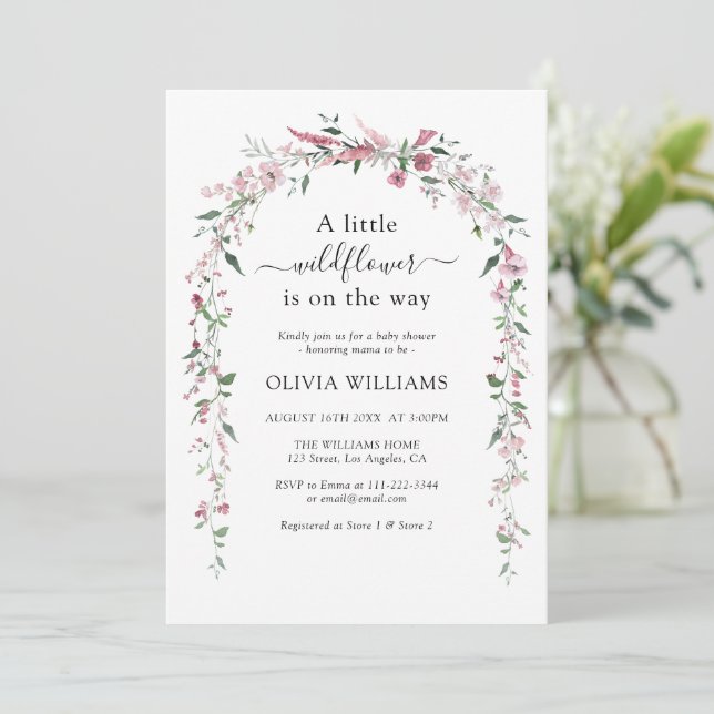 Vild Flower Meadow Dusty Ro Girl Baby Shower Inbjudningar (Stående Fram)
