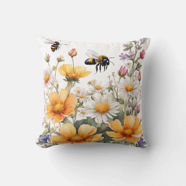 Vild Flowers and honey Bees Watercolor Kudde (Framsida)